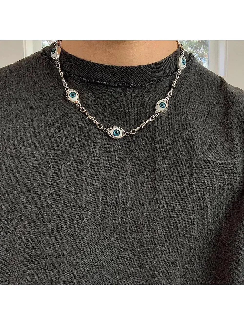 Cyberpunk Eye ball pendant barbwire y2k 2000s style necklace